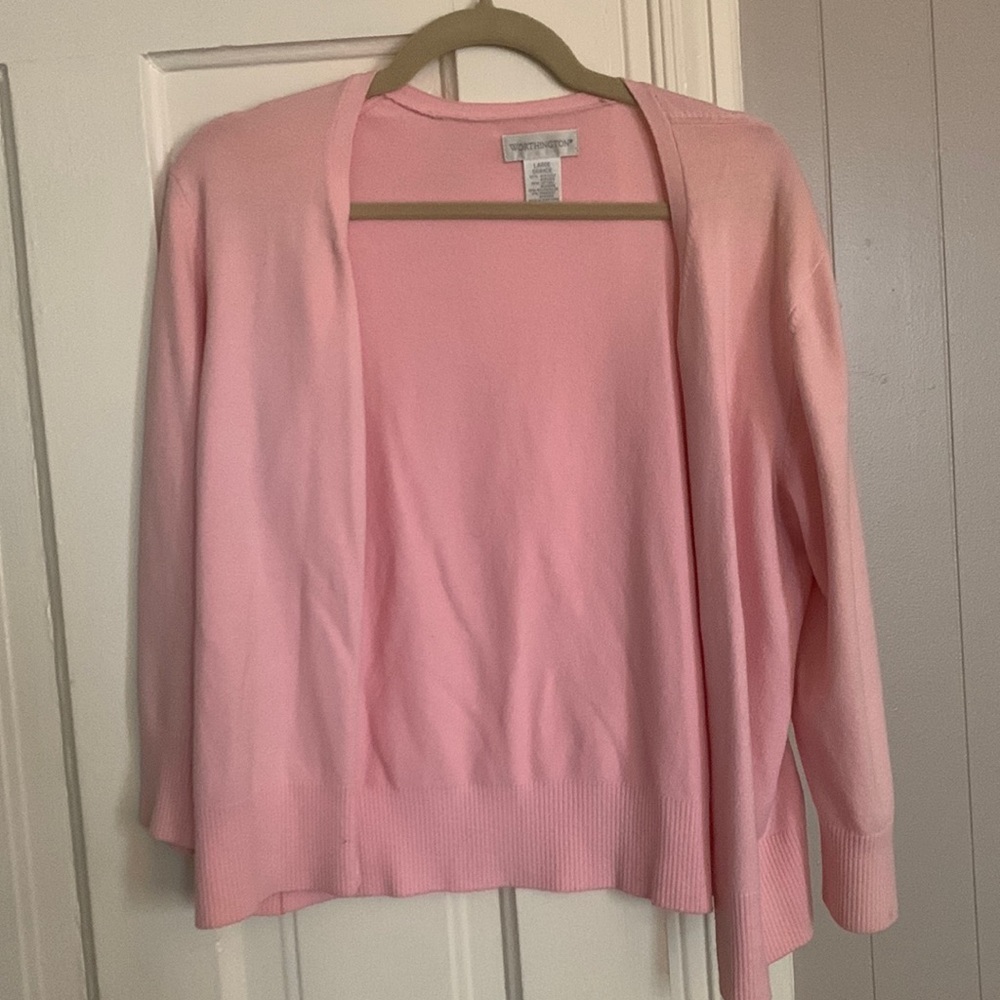 Pink cardigan, three quarter sleeves, size Lg.